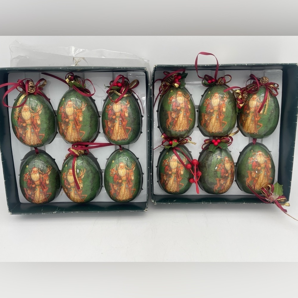 12 pcs | Vintage Egg Shaped Decoupage Santa With Reindeer Christmas Ornaments |